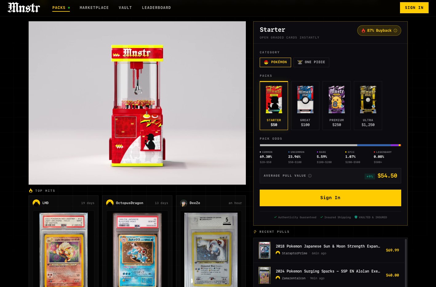 MNSTR product screenshot with a claw machine pack-opening interface.
